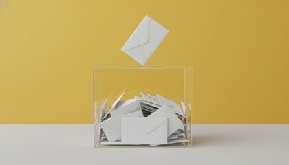 Transparent ballot box filled with white envelopes as one is dropped into the slot, symbolizing voting and democracy on a minimalist yellow and white background