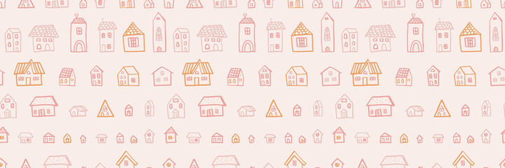 Seamless pattern with cute hand-drawn houses in soft pastel pink. Cozy village doodles on a light background. Perfect for kids designs, textiles, wallpapers, wrapping paper and home decor.