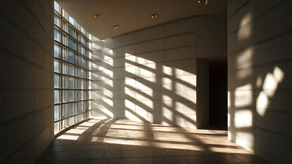 A geometric interior corner where angled window grids create warped elongated shadow shapes under intense light