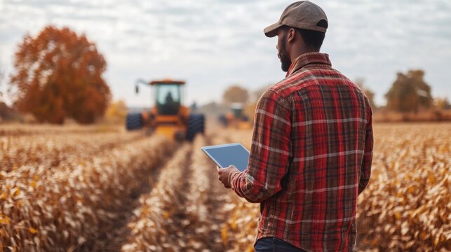 Modern Digital Farmer with Tablet Controlling Autonomous Harvest Machines in Golden Autumn Field