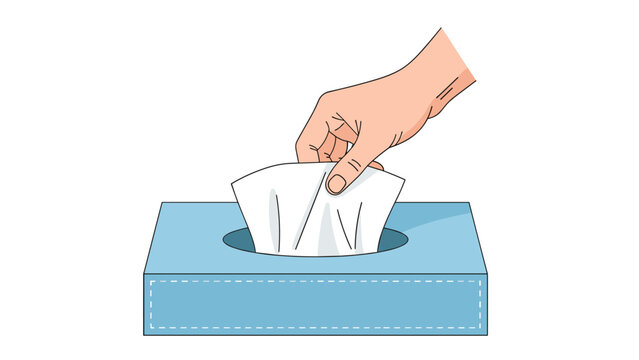 Hand pulling a facial tissue from a light blue box for hygiene and self-care in a clean and modern design aesthetic - Powered by Adobe