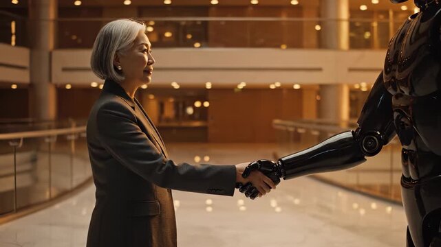 Woman and robot handshake in lobby. Businesswoman meets humanoid in corporate atrium. Futuristic ai technology on display. Quiet atmosphere suggests trust and partnership. Calm light suggests trust.