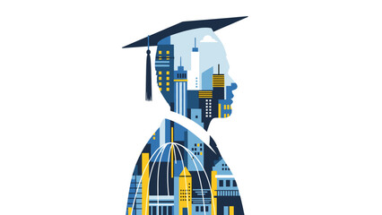 Celebrating graduation and a bright future in the city with stunning architectural design and a hopeful silhouette of success ahead