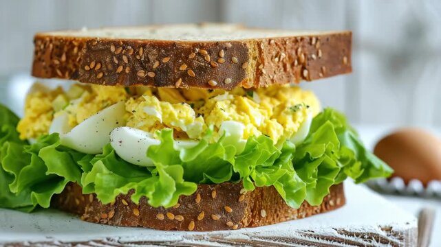 A sandwich with lettuce and egg salad. The bread is brown and the egg salad is yellow. The sandwich is cut in half