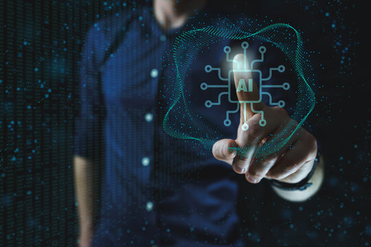 Hand touching digital artificial intelligence hologram interface on dark background. AI technology concept