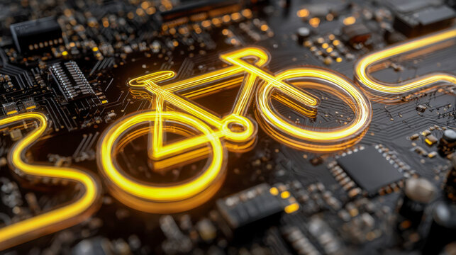 Neon glowing bicycle icon integrated into a dark printed circuit board with electronic components, symbolizing technology and sustainable urban mobility concepts