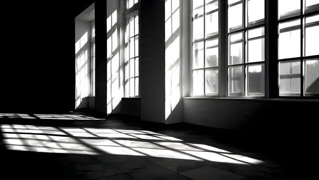 A large window frame casting strong rectangular shadow shapes forming rigid, clean, high-contrast geometric blocks
