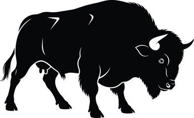 Bison silhouette illustration, side profile view, black vector, American wildlife, muscular body, shaggy mane, iconic animal, nature symbol