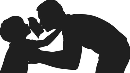 Adult child interaction silhouette, playful moment, black vector, expressive gesture, family bonding, symbolic connection, parenting concept, emotional posture, childhood scene