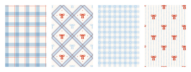 Obraz premium Wrapping paper seamless pattern set. Coquette holiday print. Xmas plaid texture with red bow and ribbons. Preppy cute geometric abstract print. Blue checkered background. Vector illustration
