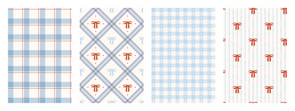 Wrapping paper seamless pattern set. Coquette holiday print. Xmas plaid texture with red bow and ribbons. Preppy cute geometric abstract print. Blue checkered background. Vector illustration