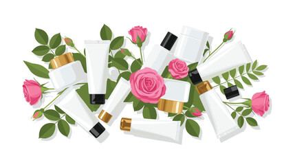 Luxurious spa day concept with elegant skincare products and fresh pink roses for beauty and wellness promotions and marketing campaigns