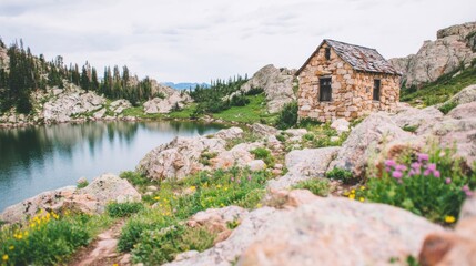 Fototapeta premium Scenic stone cabin by a serene lake surrounded by mountains and greenery
