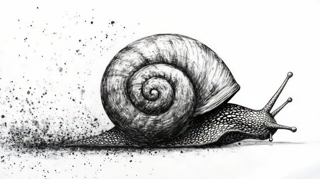 A black and white line drawing of a snail on paper with splashes, symbolizing progress despite setbacks.