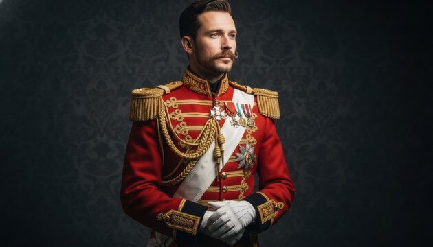 Elegant man with a mustache wearing an ornate red ceremonial uniform with gold epaulettes and medals poses thoughtfully for a classic portrait against a dark damask wall