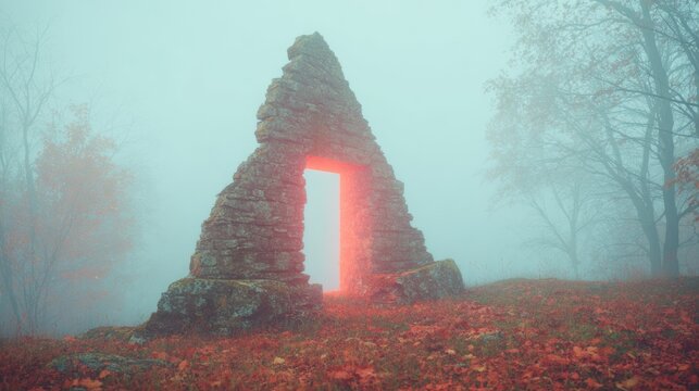 Mysterious stone structure with glowing portal in foggy autumn forest - Powered by Adobe