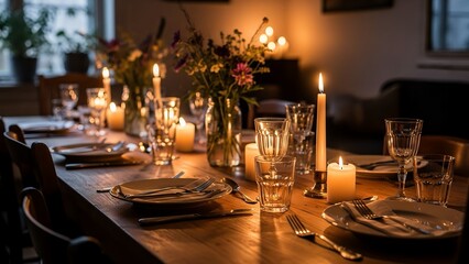 Fototapeta premium A long wooden table set for dinner with candles, flowers, and place settings in a dimly lit room.