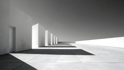 A minimal rooftop edge creating sharp linear shadows stretching across smooth architectural surfaces in bright sunlight