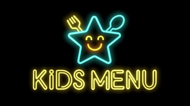 Neon kids menu icon glowing on a black background, featuring a cute smiling star holding a fork and spoon, perfect for family restaurants, children&rsquo;s sections, playful menus, and food promotions.
