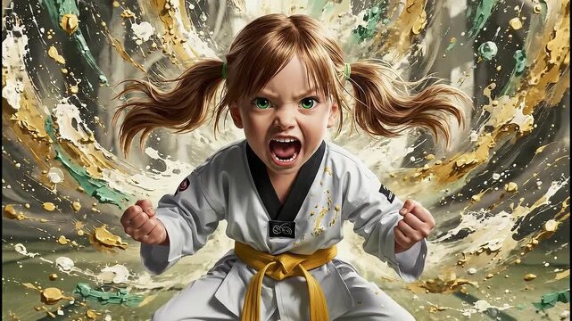 Watercolor art comes alive with a little girl performing karate moves in a dojo setting