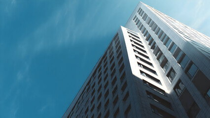 Obraz premium A minimal upward angle of a building corner with intense sunlight producing crisp shadow alignment on edges