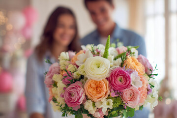 Vibrant mixed floral bouquet with colorful roses and ranunculus held by a smiling couple in a softly lit room decorated with pink balloons and fairy lights