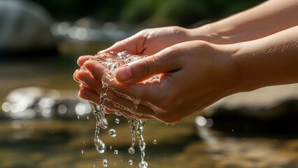 Close-up of hands cupped under running water outdoors by a river or stream.