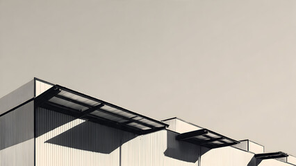 A minimal warehouse roofline with precise rectangular shadows cast from structural beams forming clean lines