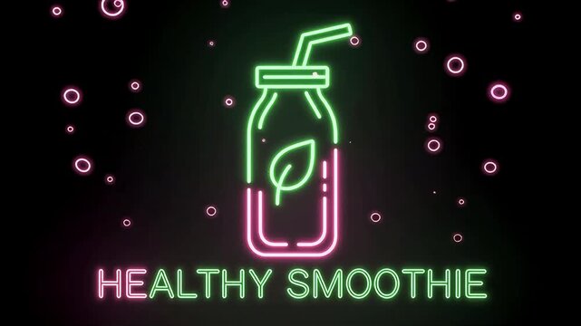 Neon healthy smoothie icon glowing on a black background, featuring a bright bottle with a leaf symbol and straw, surrounded by floating bubbles, perfect for wellness drinks, cafe menus, and health