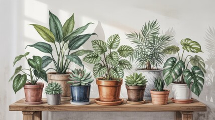 Fototapeta premium Indoor Jungle: A Watercolor Collection of Potted Plants