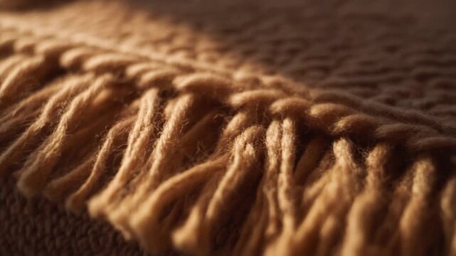 Closeup of a textured brown knitted fabric with fringe