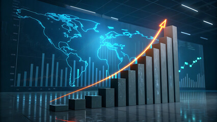 Digital bar chart showing upward trend with glowing arrow against a dark background featuring a blue holographic world map and data visualization