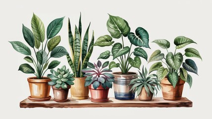 Fototapeta premium Indoor Jungle: Houseplants in Pots on Wooden Shelf