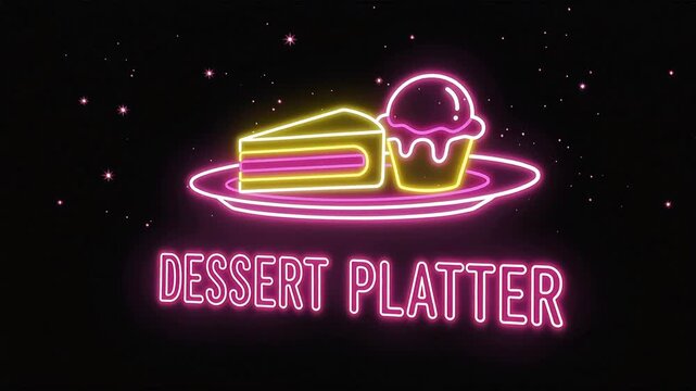 Neon dessert platter icon glowing on a black background, featuring a bright slice of cake and a scoop of ice cream on a plate, perfect for bakery promos, cafe menus, sweet food ads, and dessert