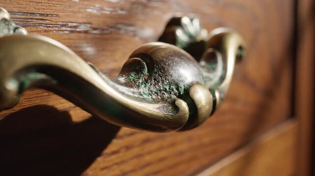 Closeup of an ornate brass drawer pull on a wooden surface