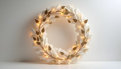 A decorative white wreath with leaves and soft gold lights, enhancing its elegant appearance.