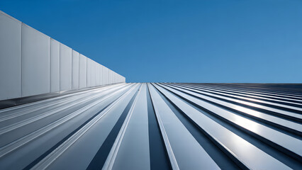 Obraz premium A modern roof with long metal panels casting sharp repeating parallel shadows along a smooth facade