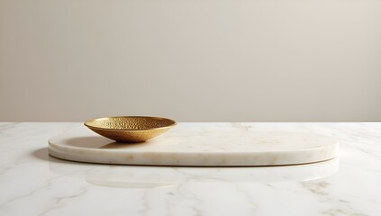 A small gold bowl sits on a marble serving board, creating a minimalist and luxurious aesthetic.