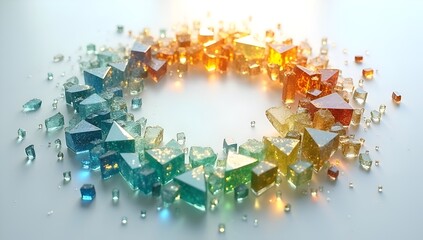 Abstract colorful crystal cubes arranged in a circle on a white background.