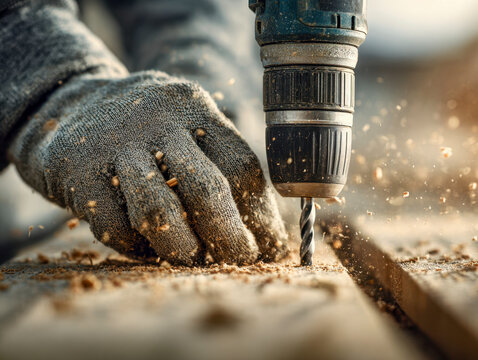 Close-up of a gloved hand operating a power drill to bore into wooden boards with wood shavings flying during construction or woodworking work - Powered by Adobe