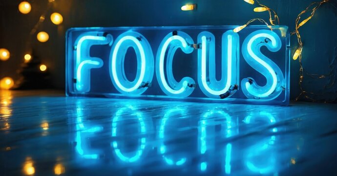 Bright neon sign spells FOCUS with reflection on wooden floor. Warm lights blur background, creating dramatic effect.