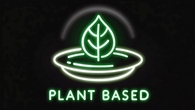 Neon plant-based icon glowing on a black background, featuring a bright leaf rising from a plate, perfect for vegan menus, healthy food promotions, eco-friendly branding, and nutrition-focused graphic