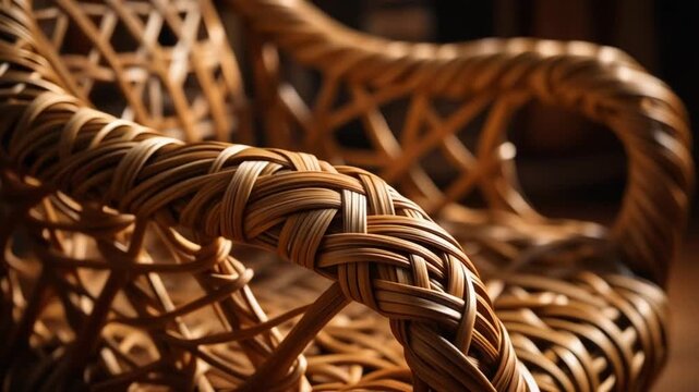 Closeup of woven rattan chair armrest with detailed texture