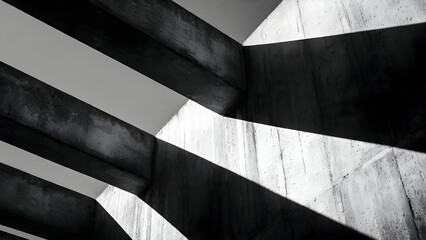 A modern structure with metal beams casting bold graphic shadows making repetitive geometric sequences on concrete