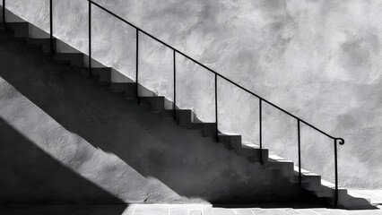 A modern staircase rail producing elongated angular shadows on a textured wall creating graphic architectural geometry