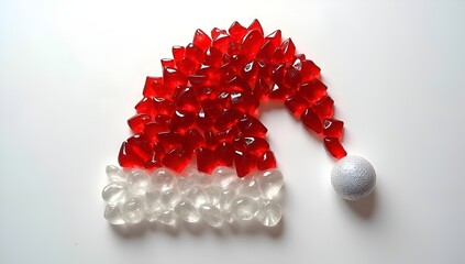 Festive Santa hat made of red and white glass stones on a white background.
