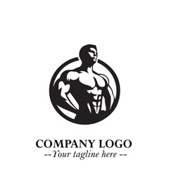 Man With Muscle Logo Symbol in Black on White Background for Strong Bold Fitness Branding Design Art