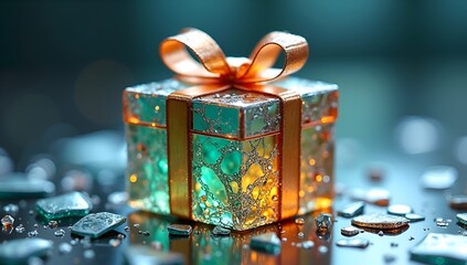 Elegant gift box with a warm orange ribbon, placed near shattered glass fragments.