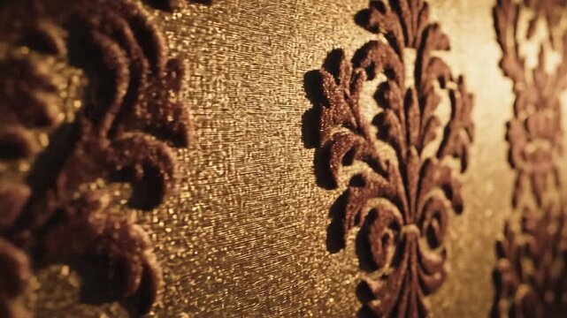 Embossed damask pattern on textured gold wallpaper