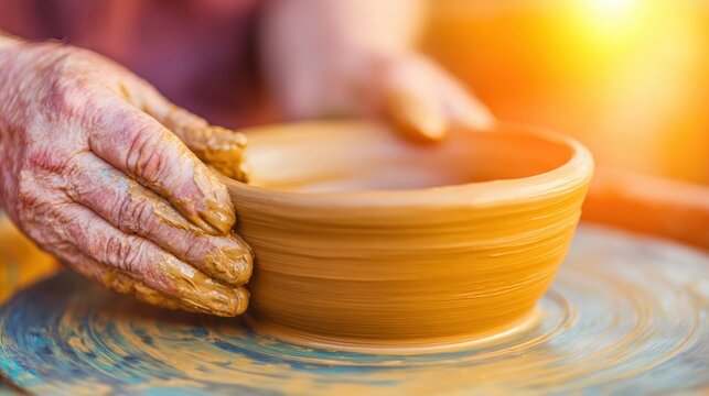 Crafting a handmade clay bowl on a pottery wheel during sunset